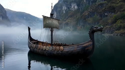 Wallpaper Mural Historic viking longship with a dragon head sailing on a calm misty fjord surrounded by steep mountains Torontodigital.ca