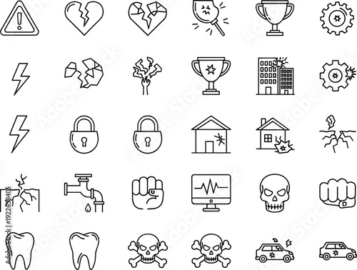 Outline vector icon set featuring hazard, disaster, and destruction concepts including broken hearts, cracked teeth, lightning strikes, car accidents, and damaged houses isolated on white.