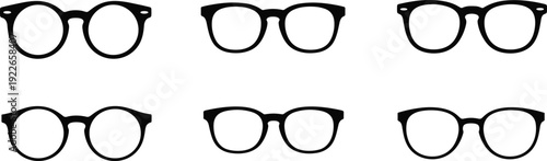Black and white eyeglasses silhouette vector set, six different frame styles round rectangular angular designs for fashion, optical fitting, eyewear illustration