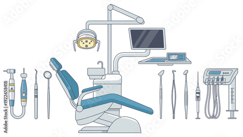 Illustration of a dental chair with various tools and equipment arranged around it on a clean white background.