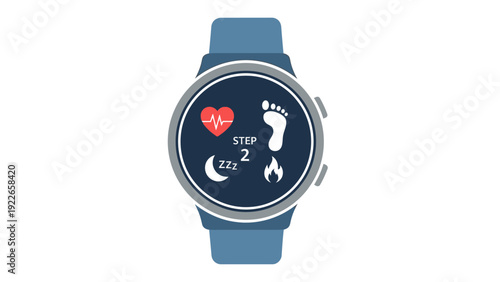 Smartwatch with blue band displaying heart rate, step count, and sleep data on a clean white background.