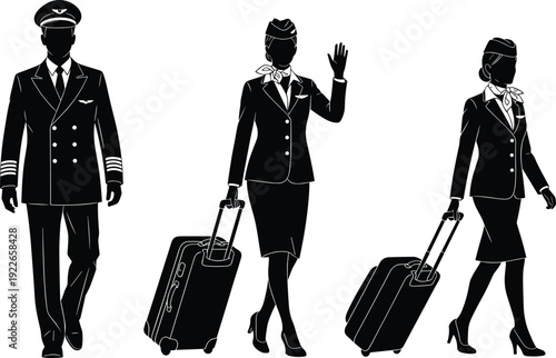 Black and white airline crew silhouettes, pilot and flight attendants with uniforms and luggage icons representing aviation travel staff professional air service design
