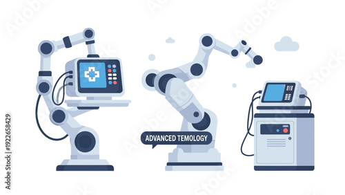 Illustration of industrial robots with screens and machinery against a clean white background with a futuristic and technological mood.