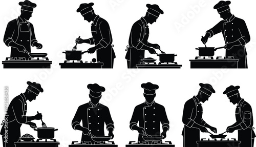 Silhouette chefs cooking on stoves with utensils, teamwork in kitchen, culinary art illustration for gastronomy, restaurant, food preparation design