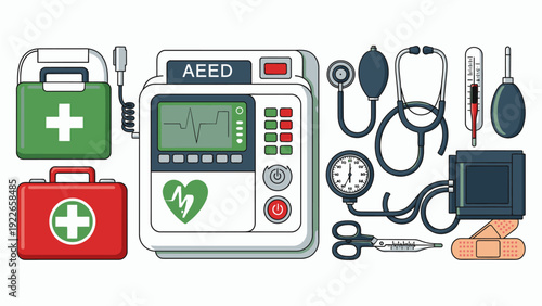 Flat lay of various medical equipment and first aid supplies on a white background with a clean and organized composition.