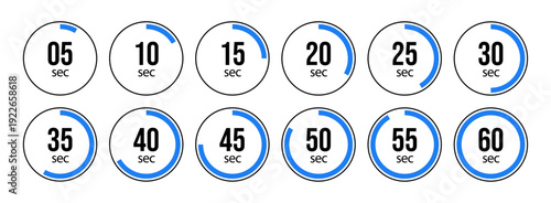 Circular timer icons set showing five to sixty seconds increments
