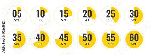 Yellow circular countdown timer icons from five to sixty seconds