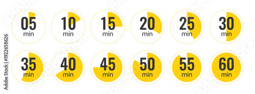 Timer icons set showing 5 to 60 minute intervals for countdown