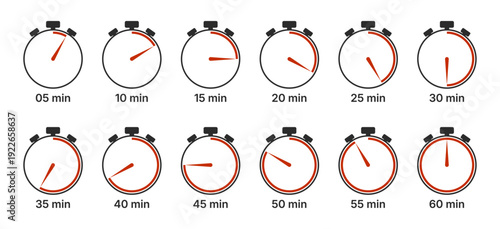 Stopwatch timer icons showing 5 to 60 minute time intervals
