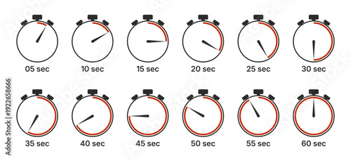 Stopwatch timer icons set showing five to sixty second intervals