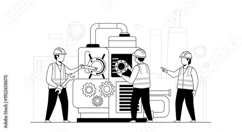 Factory workers assembling industrial machinery with gears and tools, teamwork concept
