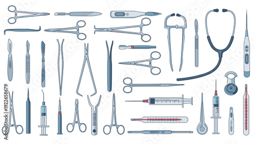 Flat lay of various medical instruments and tools arranged on a white background with a clinical mood.