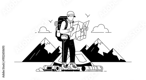 Hiker with backpack and map in mountains, camping, adventure, outdoor exploration