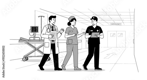 Medical Team Walking in Hospital Corridor, Doctor, Nurse, Surgeon