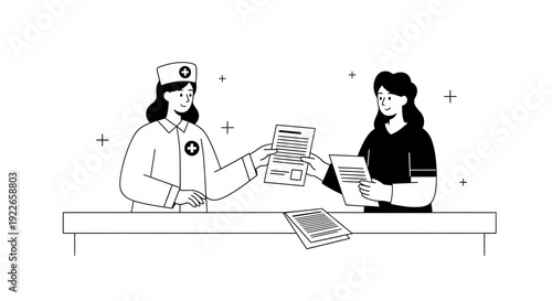Nurse giving document to patient, healthcare consultation, medical assistance, black and white illustration
