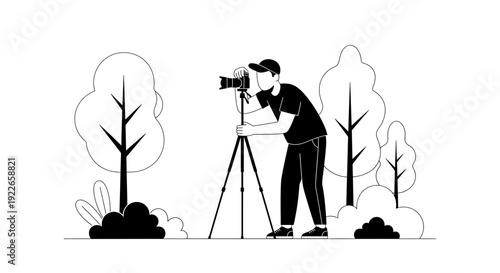 Photographer with Camera on Tripod in Nature Surrounded by Trees and Bushes