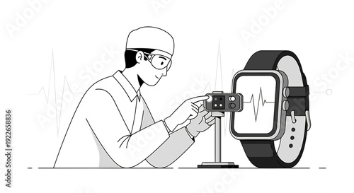 Scientist testing smartwatch ECG function with heart rhythm display