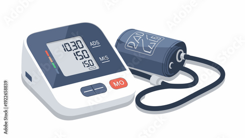 Digital blood pressure monitor with cuff on a white background, displaying systolic and diastolic readings with a modern design.