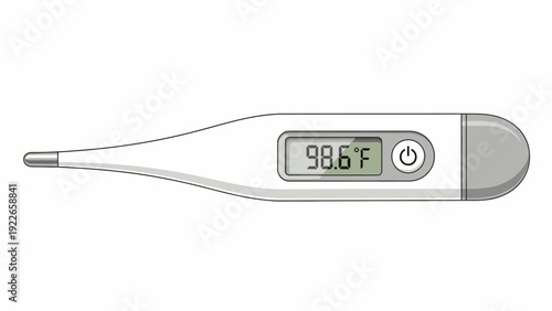 Digital illustration of a white electronic thermometer displaying 98.6 degrees Fahrenheit on a plain white background.
