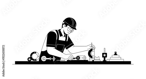 Worker in hard hat using precision measuring tools on workbench, engineering concept