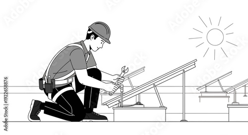 Worker installing solar panels on rooftop in sunny weather, renewable energy concept