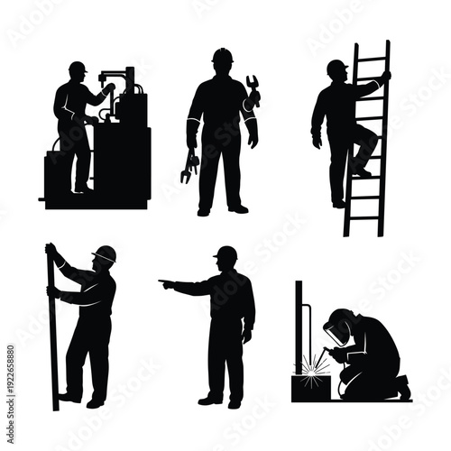 Silhouettes of workers performing various industrial tasks