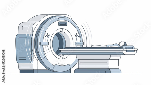 MRI machine with a patient bed in a medical setting, depicted in shades of blue and gray on a white background.