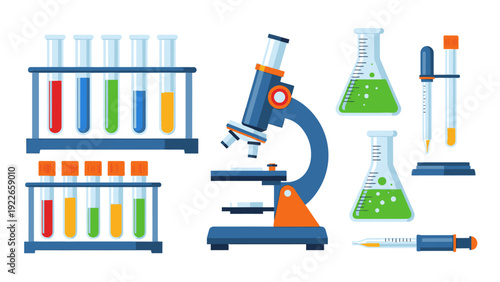 Illustration of a microscope and various laboratory equipment including test tubes and beakers on a clean white background.