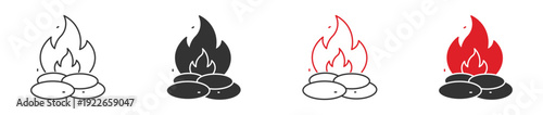 Campfire Icon. Fire Flame with Stones Symbol. Outdoor Camping and Bonfire Concept, Vector Illustration.