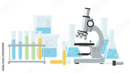 Flat lay illustration of a microscope, test tubes, and laboratory equipment on a clean white background with a scientific and educational mood.