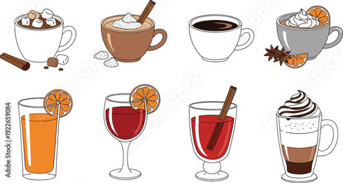 Cartoon beverage illustration, hot drinks, coffee, cappuccino, latte, hot chocolate, mulled wine, cocktail, juice, festive drinks, colorful mugs, garnished cups, seasonal design