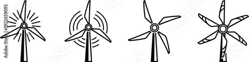 Black and white wind turbine vector illustrations, renewable energy silhouettes with motion effects, eco power generation icons for sustainability, clean electricity design
