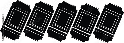Event tickets silhouette, admission pass design, black and white ticket illustration, entertainment entry coupon, concert pass graphic, promotional material concept, ticket icon set