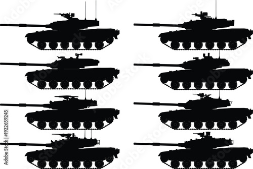 Military tank silhouettes vector illustration showing different models and designs, armored vehicles in side profile for defense, war, history"