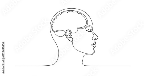 Outline drawing of human profile with brain illustration in minimalist style. no editable stroke