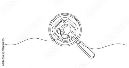 Continuous line drawing of a magnifying glass over a squid game guard mask. no editable stroke