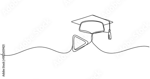 Continuous line drawing of graduation cap and play button symbolizing online education. no editable stroke