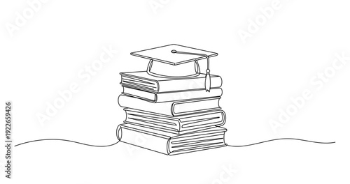 Minimalist graduation cap on stack of books illustration. no editable stroke