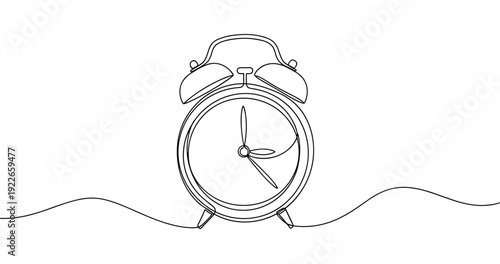 Minimalist line drawing of vintage alarm clock with bells and hands. no editable stroke