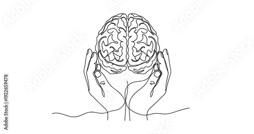 Continuous line art of human brain held by hands on white background. no editable stroke