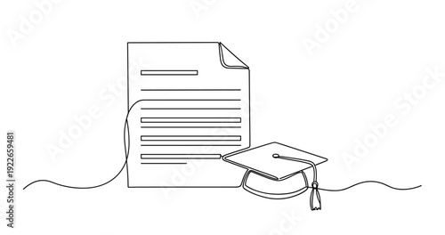 Graduation cap and degree certificate line drawing symbolizing educational achievement. no editable stroke