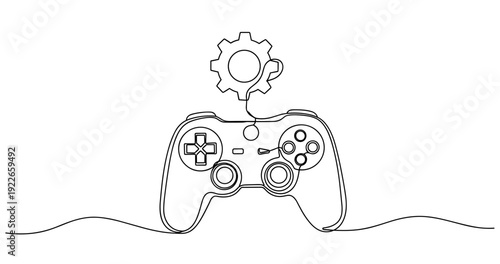 Continuous line drawing of video game controller with gear symbol. no editable stroke