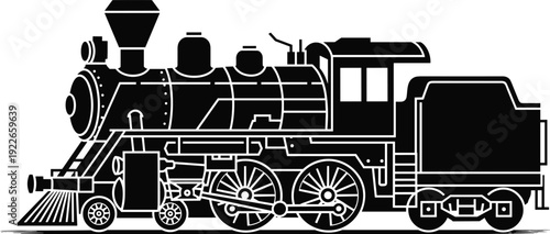 Vintage steam locomotive illustration, detailed black and white train drawing, industrial transportation artwork, classic railway engine design, mechanical engineering sketch, historical railroad art
