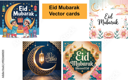 Set of vector card design for Eid Mubarak with arabic text Blessed Feast or Festival.