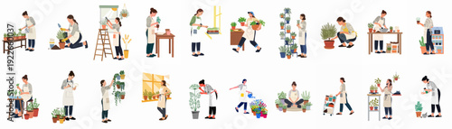 Diverse illustrations of women engaged in home gardening, cultivating indoor plants, herbs, and flowers, showcasing various plant care activities from potting to selling.