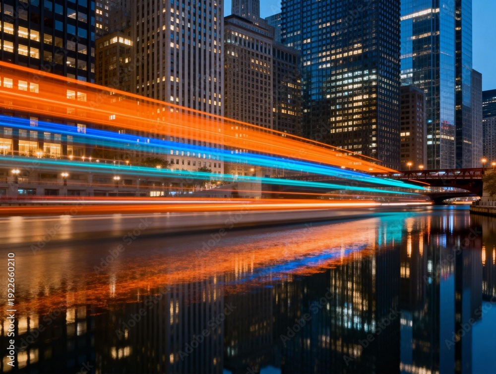 Fototapeta premium Chicago River with Light Trails at Dusk