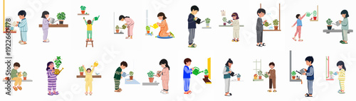 Children and adults in pajamas watering various potted houseplants, showcasing daily indoor plant care routines and domestic hobbies.