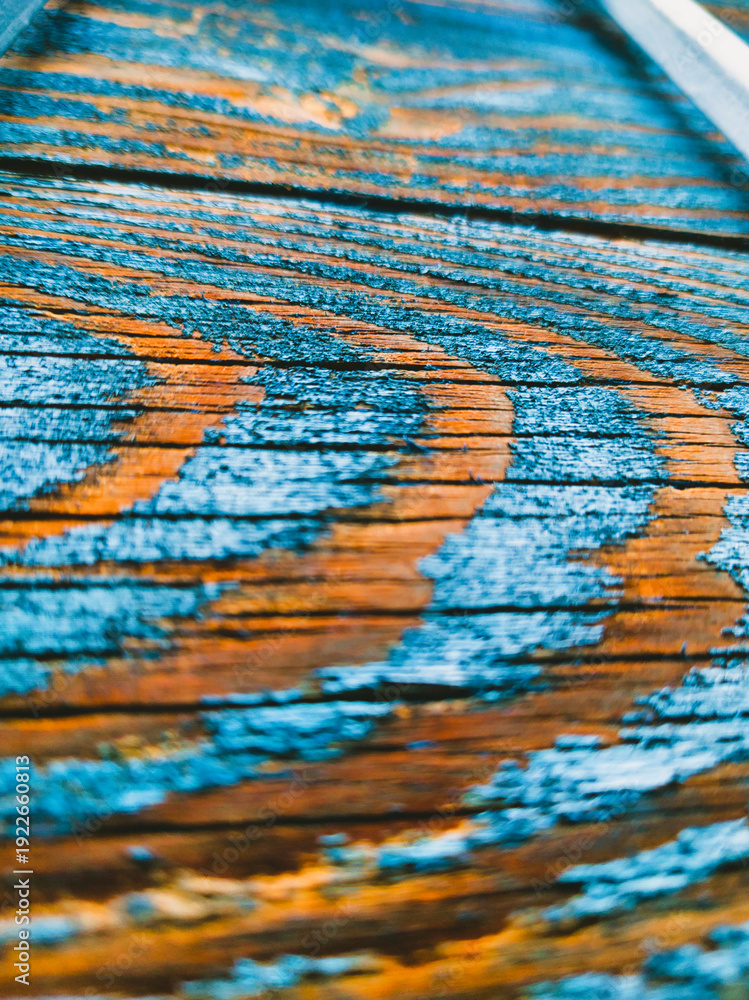 Obraz premium Vertical Macro Texture of Weathered Wood with Peeling Blue Paint, Abstract Organic Grain Pattern on Distressed Timber Surface, Natural Aged Wood Background for Rustic Design and Creative Aesthetics.