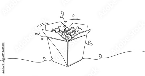 Black and white line art of takeout box with noodles and vegetables. None editable stroke