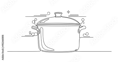 Continuous line art of cooking pot with steam and bubbles. None editable stroke